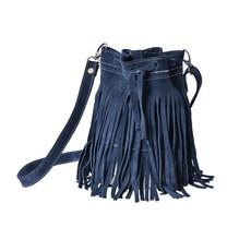 "Delia" Suede Leather Fringe Bucket Bag in Dark Blue via Abury