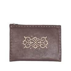 Embroidered Leather Pouch in Dark Brown, Beige from Abury