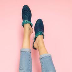 Raffia Slippers with Fringes in Blue, Turquoise via Abury