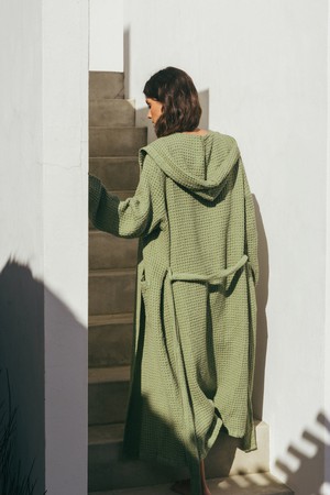Snuggle linen waffle bathrobe in Moss Green from AmourLinen