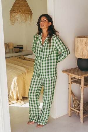 Nightly long sleeve pajama set in Green Gingham from AmourLinen