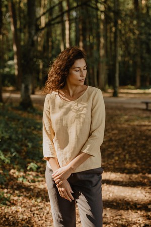 Riga linen top 3/4 sleeves XS/S Mustard | sale from AmourLinen