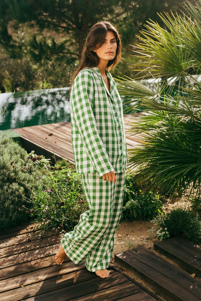 Nightly long sleeve pajama set in Green Gingham from AmourLinen