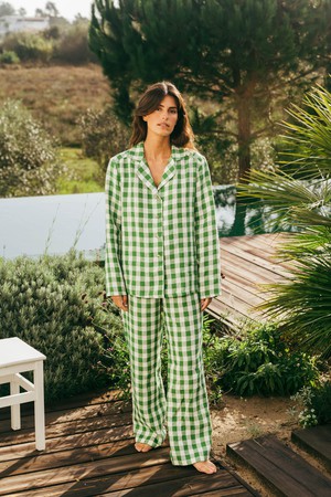 Nightly long sleeve pajama set in Green Gingham from AmourLinen