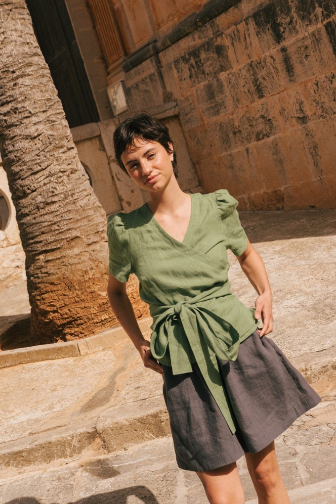 Elisa linen wrap top in Matcha Green from AmourLinen