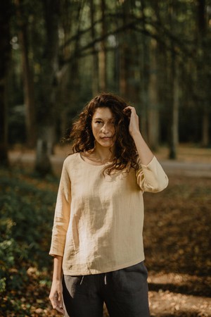 Riga linen top 3/4 sleeves XS/S Mustard | sale from AmourLinen