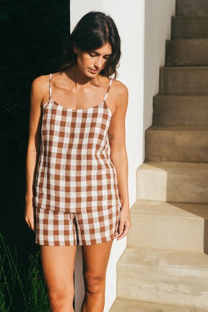 Pajama set NIGHT OWL in Mocha Gingham from AmourLinen