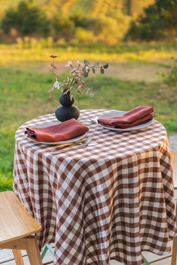 Round linen tablecloth in Mocha Gingham from AmourLinen