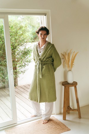 Men's waffle bathrobe in Moss Green from AmourLinen