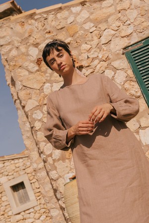 Amalia long-length linen dress in Cream M | sale from AmourLinen