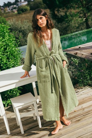 Snuggle linen waffle bathrobe in Moss Green from AmourLinen
