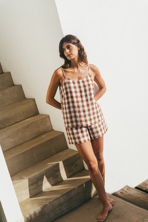 Pajama set NIGHT OWL in Mocha Gingham from AmourLinen