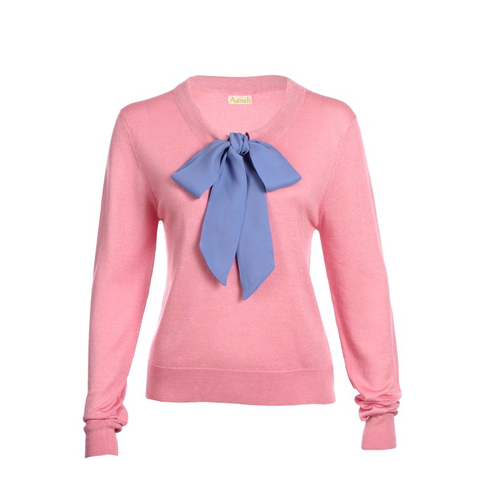 Candy Pink Helen Sweater w. Cornflower Blue Silk Tie Pussy-Bow from Asneh