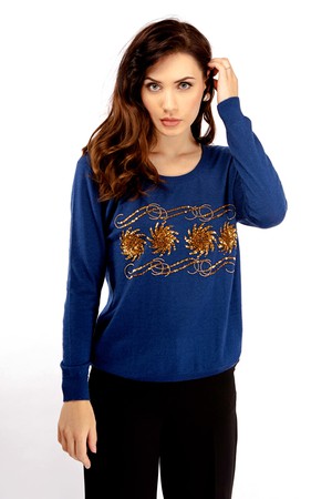 Blue Cashmere Sweater with Gold Sequins and Beads from Asneh