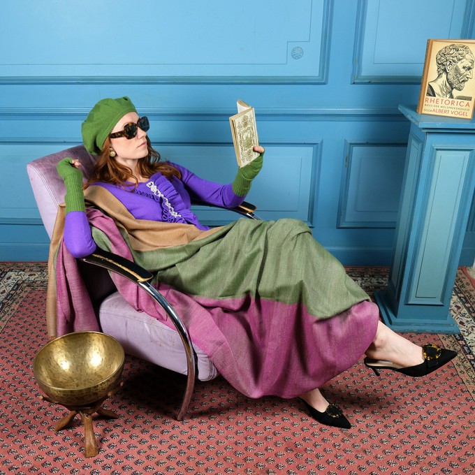 Large Cashmere Scarf in Green, Beige and Purple from Asneh