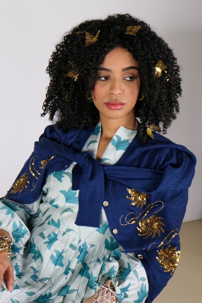 Blue Cashmere Cardigan with Gold Embellishment from Asneh