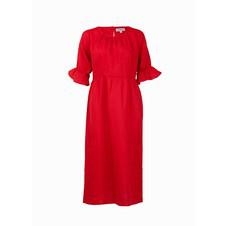 Red midi linen dress with half length sleeves. via Asneh