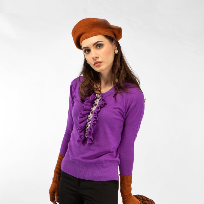 Purple Cashmere Sweater with Ruffles and Pearls from Asneh