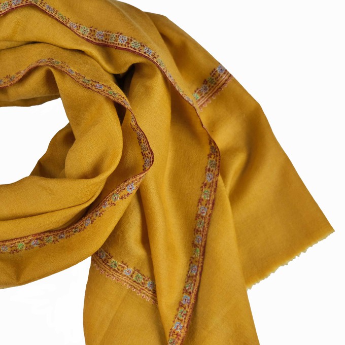 Mustard Yellow Cashmere Shawl with Hand Embroidered Borders – Sold Out from Asneh