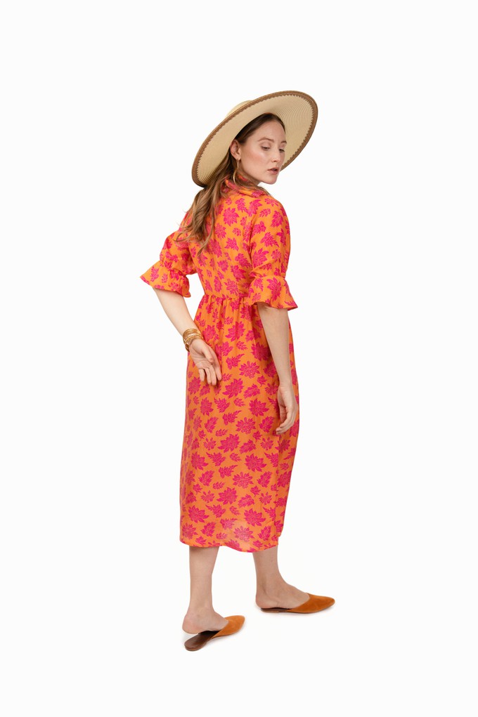 Orange midi silk dress with pink purple print from Asneh