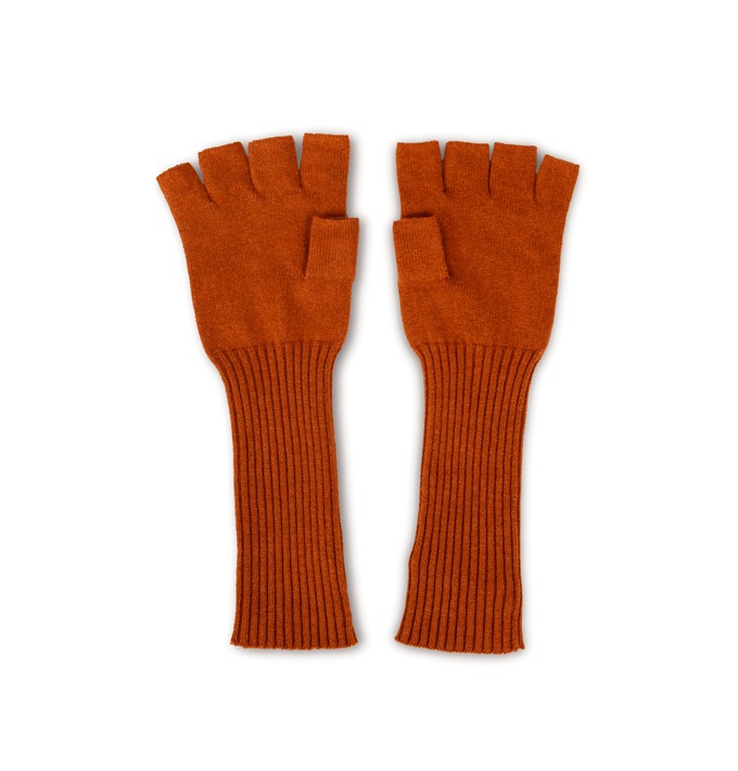 Brown fingerless gloves with long rib knitted arms from Asneh
