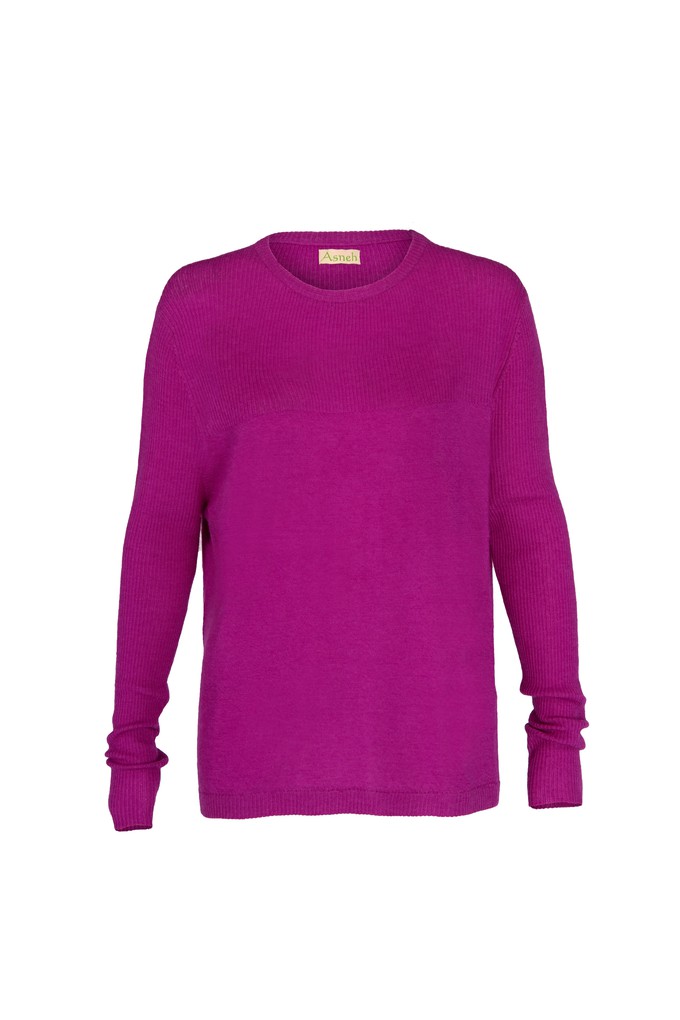 Purple cashmere sweater with rib knit details from Asneh