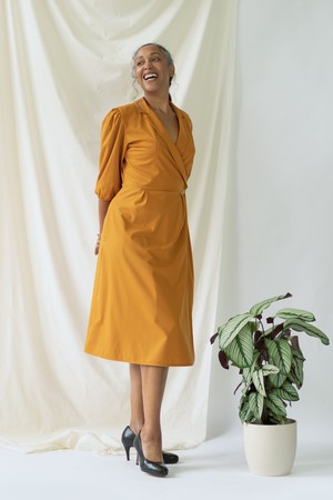 Isabel | Wrap Dress with balloon sleeves in Saffron from AYANI