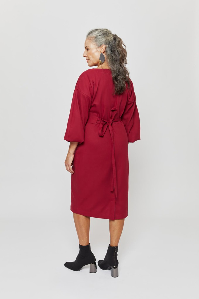 Stefanie | Winter Dress with Kimono Belt in Red-Bordo from AYANI
