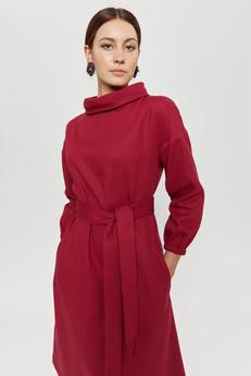 Amalia | Midi Winter Dress with High Rounded Neckline in Red-Bordo via AYANI