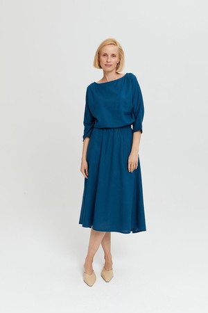 Nane | Leinenkleid mit 3/4 Ärmeln in Petrol-Blau from AYANI