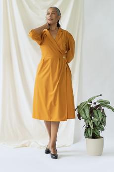Isabel | Wrap Dress with balloon sleeves in Saffron via AYANI