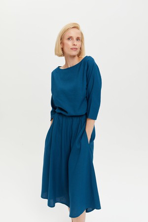 Nane | Leinenkleid mit 3/4 Ärmeln in Petrol-Blau from AYANI