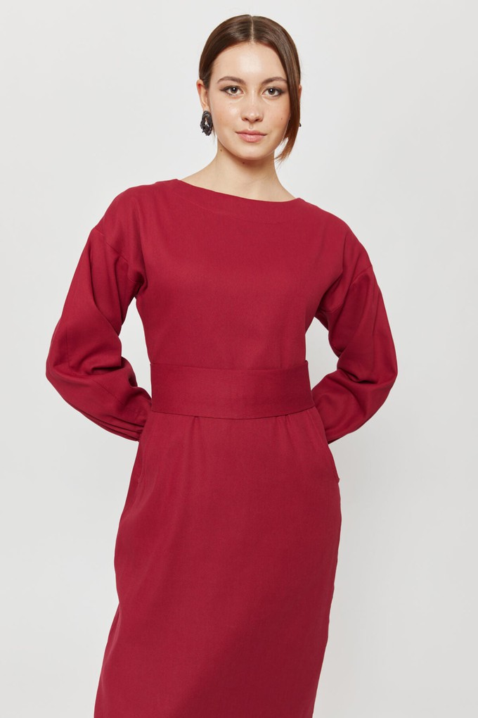 Stefanie | Winter Dress with Kimono Belt in Red-Bordo from AYANI