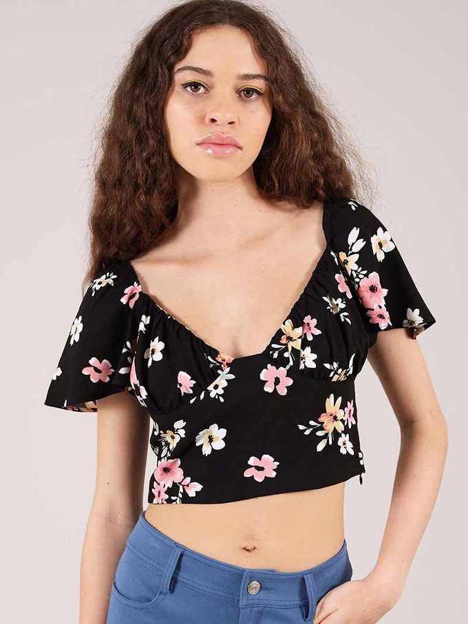 Flower Power Fitted Crop Top, Upcycled Viscose, in Black Flower Print from blondegonerogue