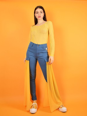 Wildflower Skinny Jeans with Veils, Upcycled Cotton, in Denim Blue & Yellow from blondegonerogue