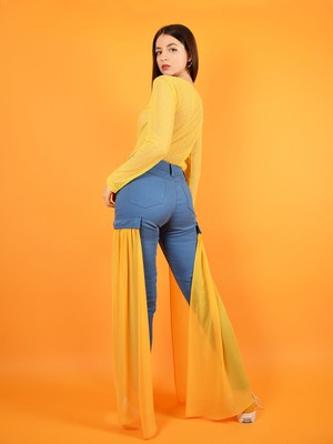 Wildflower Skinny Jeans with Veils, Upcycled Cotton, in Denim Blue & Yellow from blondegonerogue