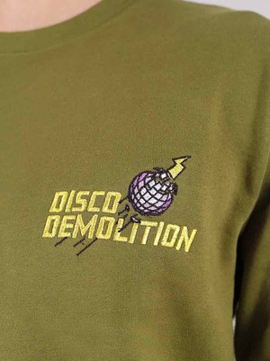 Disco Demolition Embroidered Mens Sweatshirt, Organic Cotton, in Khaki Green from blondegonerogue