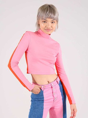 Bougie Crop Turtleneck Top, BCI Cotton, in Pink & Red from blondegonerogue