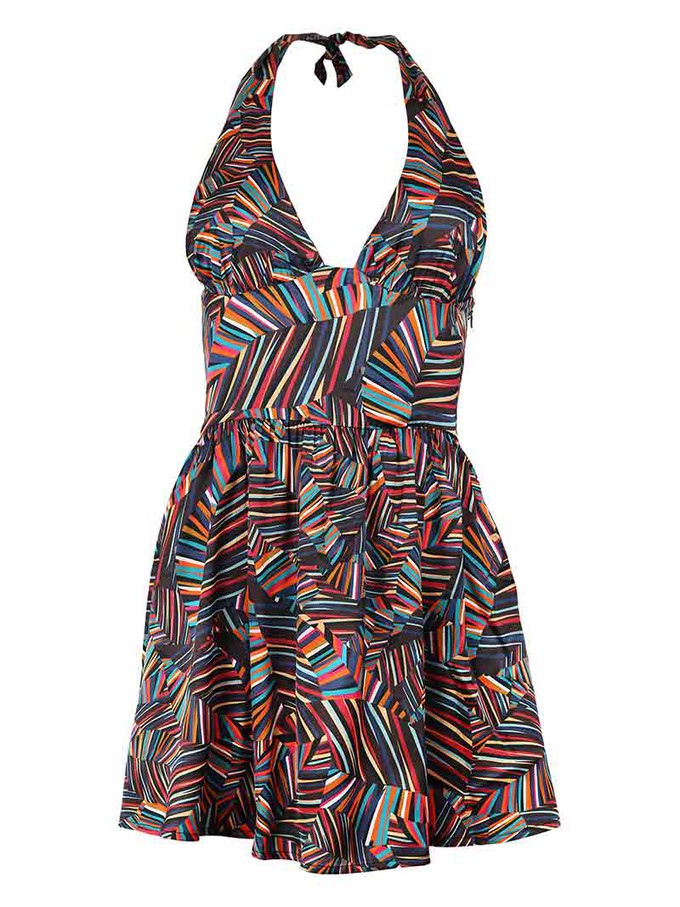 Beachy Halter Neck Mini Dress, Upcycled Viscose, in Colourful Print from blondegonerogue