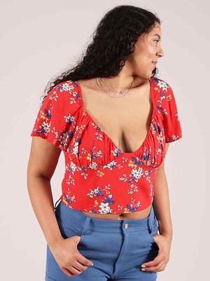 Flower Power Fitted Crop Top, Upcycled Viscose, in Red Flower Print from blondegonerogue