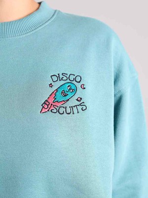 Disco Trip Embroidered Sweatshirt, Organic Cotton, in Turquoise Green from blondegonerogue