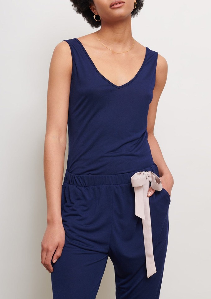 Ribbon-Tie Jumpsuit in Navy from Cucumber Clothing