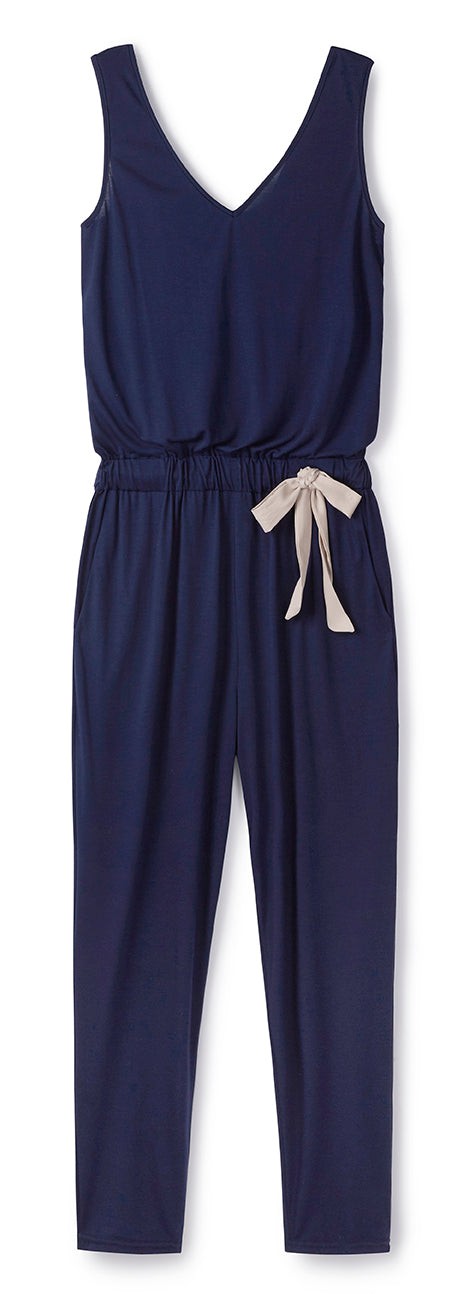 Ribbon-Tie Jumpsuit in Navy from Cucumber Clothing