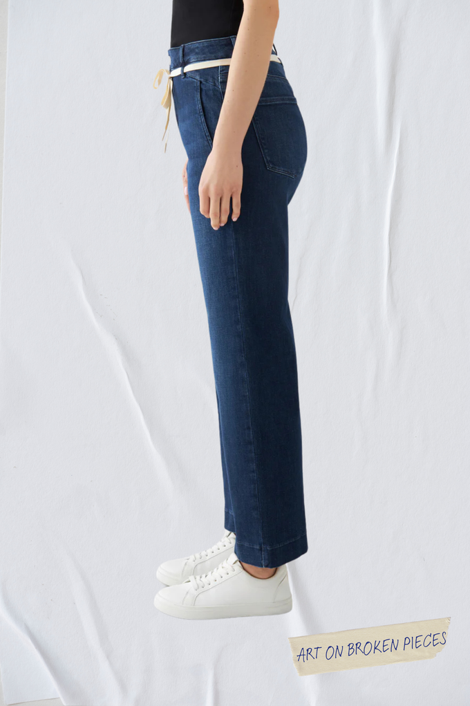 DEW Flared Cropped Soft Denim - French Pocket - Dark Blue - Art on Broken Pieces from DAWN Denim