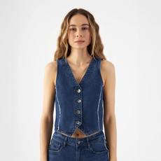 ASTRA Minimal Stretch - fitted frayed denim vest - Dark Blue via DAWN Denim