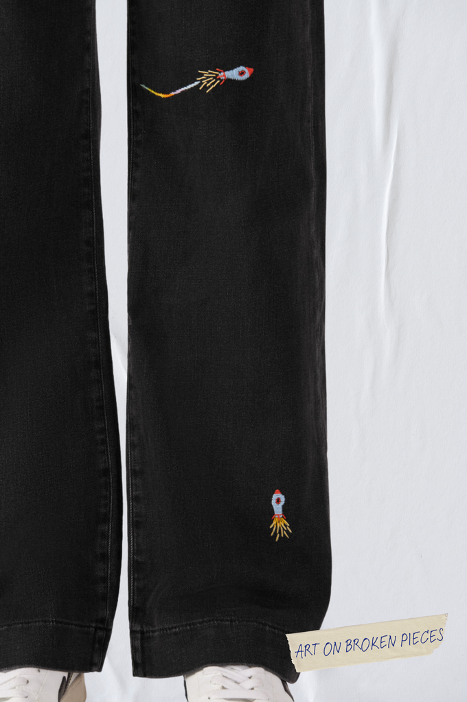 DEW Flared Soft Denim - French Pocket - Black Denim - Art on Broken Pieces from DAWN Denim