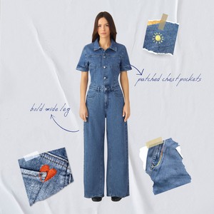 TWITTER Minimal Stretch - Short Sleeve Overall - Medium Blue - Art on Broken Pieces from DAWN Denim