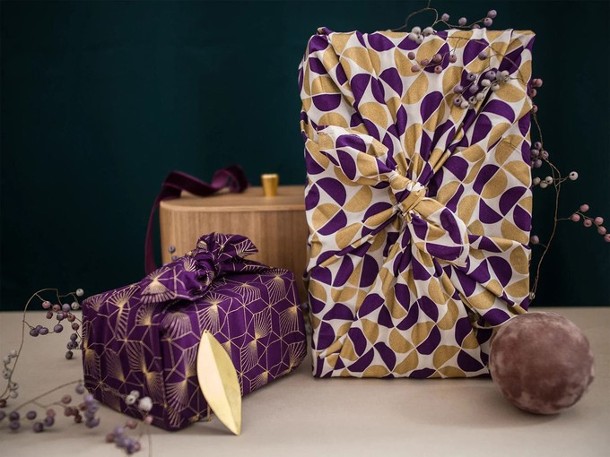 Furoshiki Gift Wrap - 3 Pack (Sizes S, M & L) Double Sided Bundle - Plum Diamonds & Gold Moons from FabRap