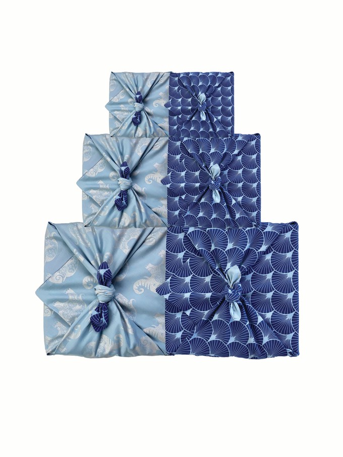 Sky Elephants & Indigo Fans Fabric Gift Wrap Furoshiki Cloth - Double Sided (Reversible) from FabRap