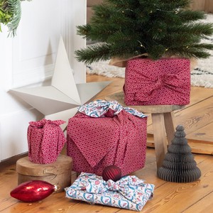 Furoshiki Gift Wrap - 3 Pack (Sizes S, M & L) Double Sided Bundle - Teal & Cherry from FabRap